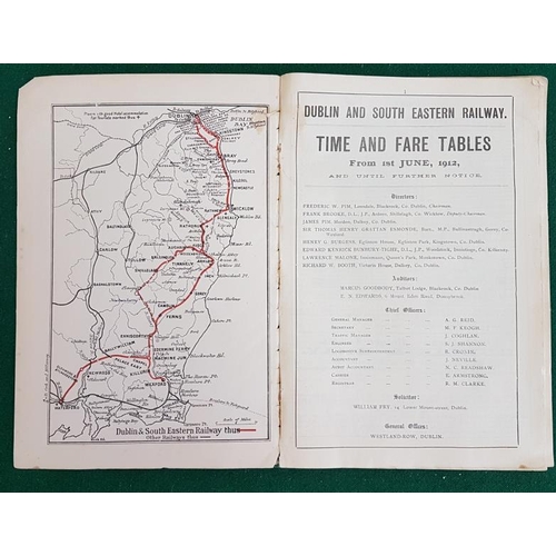 110 - Dublin and South Eastern Railway. Time & Fare Tables. June 1912. Large format