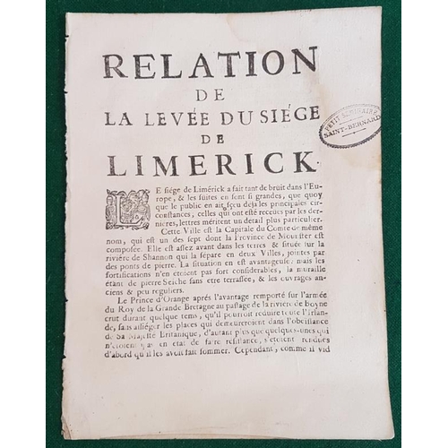 222 - Relation de Levée du Siége de Limerick. Printed in Dijon by Michard. 18th October 1690. Disbound as ... 