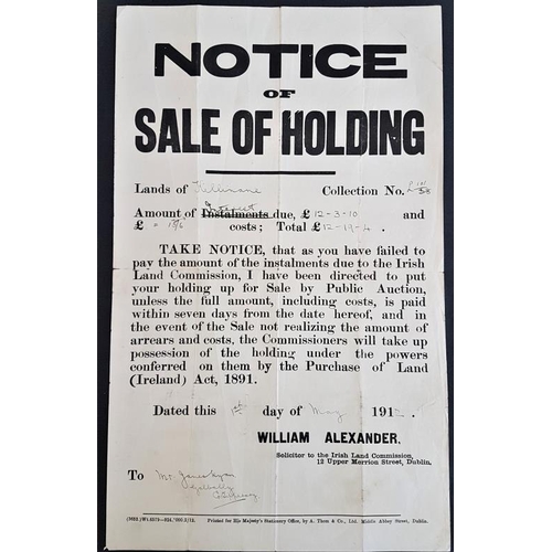 601 - Irish Land Commission Notice of Forced Land Sale re arrears of £12 addressed to James Ryan, Ga... 