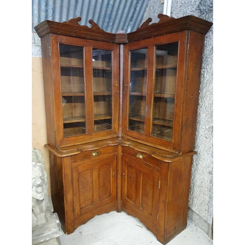 5 - 19th Century Pitch Pine Corner Display Cabinet with a pair of glazed doors over a base with a pair o... 