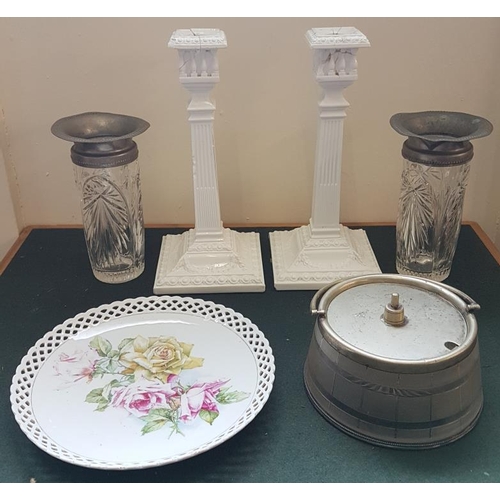 22 - Two Candlesticks, Two Vases, Pewter/Glass Dish with Lid and Trellis Edged Plate