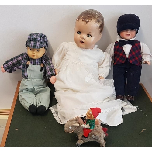 27 - Antique Doll, 2 Collector's Dolls and Old Clockwork Toy