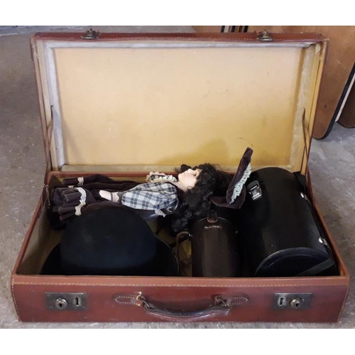 97 - Vintage Adjustable Leather Suitcase (with Key) and Contents