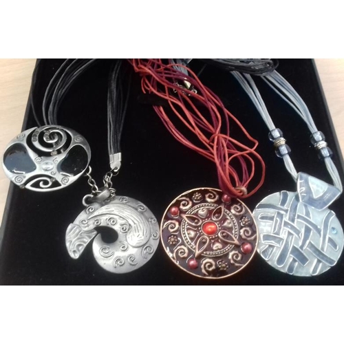 197 - Collection of Three Large Craft Pendants on Leather Chains and a Single Pendant