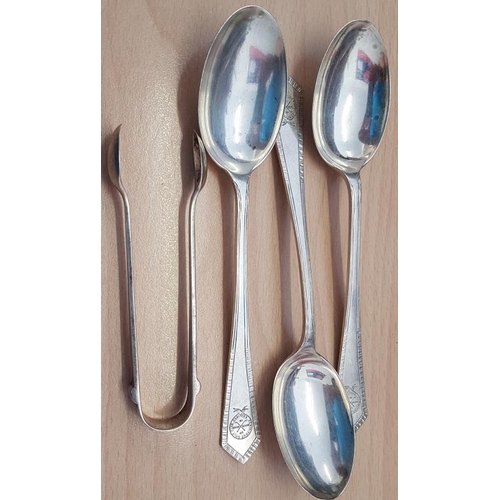 217 - Three Matching Silver Tea Spoons (with crest for Hermitage Golf Club) and a Silver Sugar Tongs, c.97... 