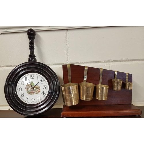 344 - Ornamental Kitchen Clock on Tile and Set of Brass Kitchen Measures