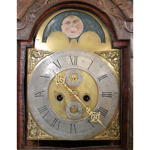 357 - Georgian Carved Oak Case Grandfather Clock with Brass Moon Phase Dial, signed Pierre DeWitte - c. 90... 