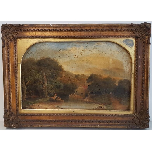413 - Early Victorian Oil Painting in Gilt Frame - Water Mill and Fishing Scene - Overall c. 28 x 20ins