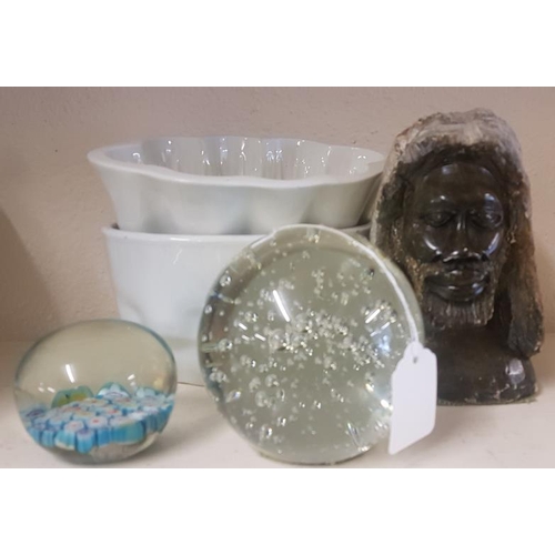 435 - Two White Jelly Moulds, Paper Weights and an African Head Weight (5)