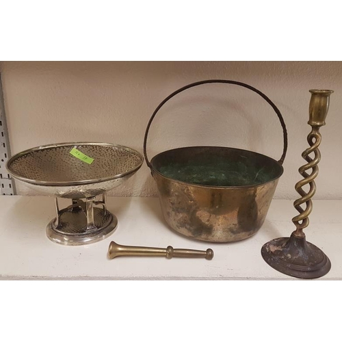 440 - Small Bronze Jam Jar, Hammered Pedestal Bowl, Twist Candlestick and Old Brass Pestle