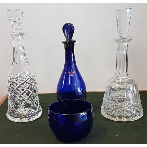 449 - Antique Bristol Blue Bowl and 3 Old Glass Decanters