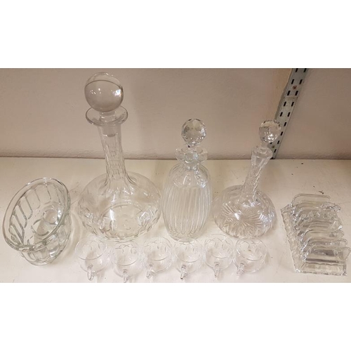 459 - Three Various Decanters with Stoppers, Set of Six Toddy Cups, and Crystal Toast Rack