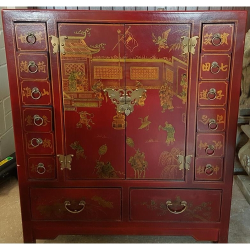 498 - Large Oriental Painted Lacquer Cabinet - c. 36 x 42 x 12ins