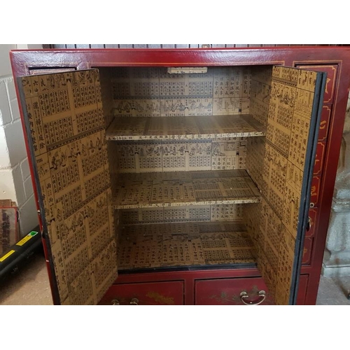 498 - Large Oriental Painted Lacquer Cabinet - c. 36 x 42 x 12ins