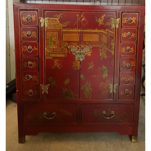 498 - Large Oriental Painted Lacquer Cabinet - c. 36 x 42 x 12ins