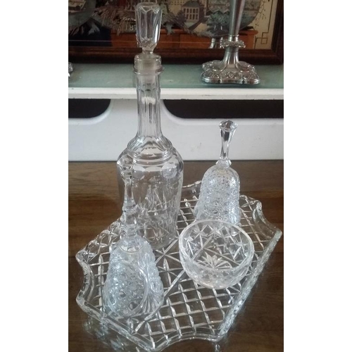 503 - Cut Glass Items - Hand Bells, Tray, Finger Bowl and Decanter