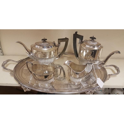 510 - Good Quality 4 Pieces Fluted Tea/Coffee Set on an Oval Silver Plate Engraved Pattern Tray
