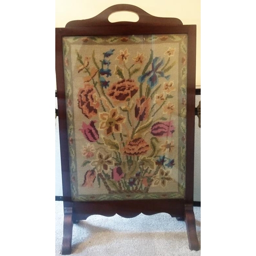 531 - Fire Screen with glass fronted Tapestry panel c. 30 x 17ins