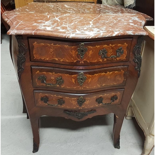 528 - French Inlaid and Kingwood, Marble Top Chest of serpentine outline - 36 x 36.5 x 17ins