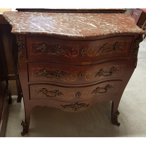 525 - French Inlaid and Kingwood, Marble Top Chest of serpentine outline - 40 x 35.5 x 18.5ins