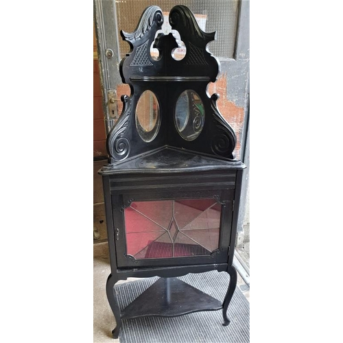 9 - Edwardian Ebonised Corner Display Cabinet with bevelled mirror panels, c.25 x 62in