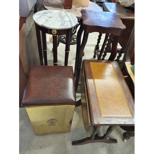 34 - Two Plant Stands, Occasional Table and a Brass Fuel Box