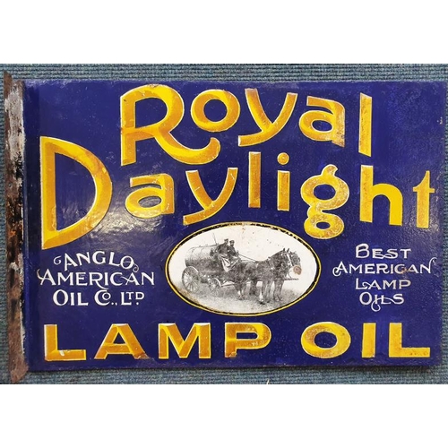 128 - Victorian Royal Daylight Lamp Oil Double Sided Enamel Sign, c.21 x 14.5in