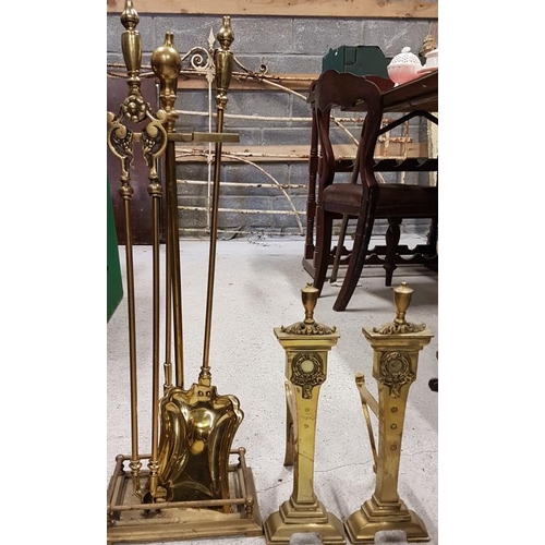 54 - Brass Companion Set on Stand and Pair of Fire Dogs