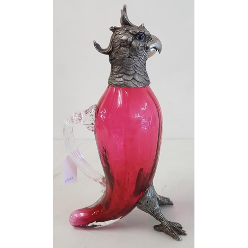 157 - Large Moulded Cranberry Glass Claret Jug in the form of a Parrot with Silver Plated hinged head with... 