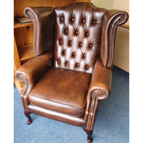 216 - Good Quality Brown Leather Chesterfield Wing Back Armchair