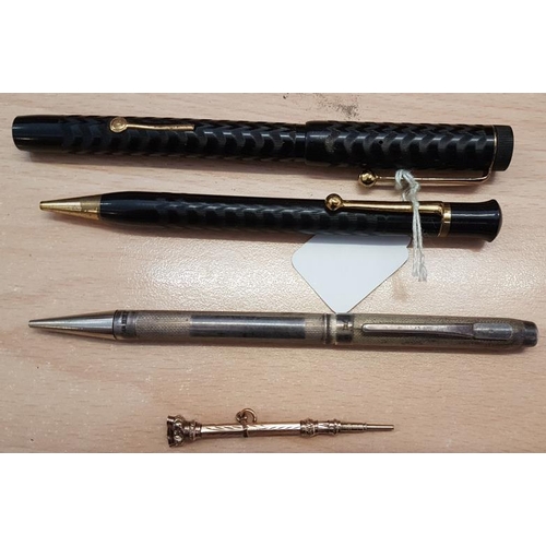 229 - Gold Plate Propeller Pencil (A/F), Silver Hallmarked Pencil, Pencil and Pen Set with 14ct Nibs