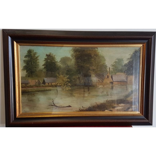 255 - Irish 19th Century OOC 'River Scene with Farm Buildings' (reframed in Athlone 1985) (thought to be s... 