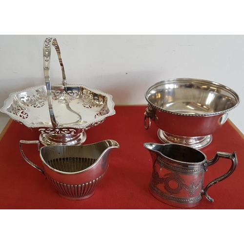 275 - Silver on Copper Rose Bowl, Fruit Basket, Pedestal Gravy Boat, Hotel Teapot, etc.