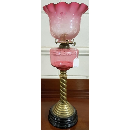 306 - Victorian Ruby Glass Oil Lamp and Shade - 22ins tall