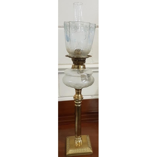 307 - Victorian Brass Oil Lamp -Art Nouveau Period Etched Tulip Glass Shade - 21.5ins tall