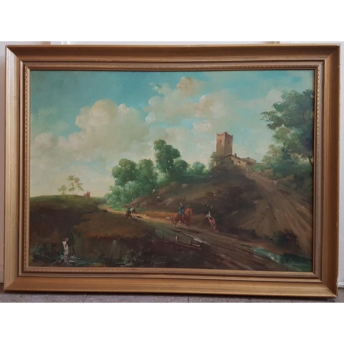 309 - Italian Scenic Painting with 18th Century Figures Travelling - Overall c. 39.5 x 29.5ins