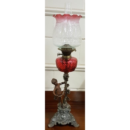 311 - Antique Ruby Glass Figural Oil Lamp - 27ins tall