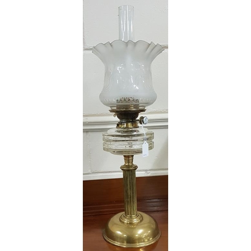 312 - Brass Oil Lamp with Cut Glass Front and Period Etched Blue Tinted Tulip Shade - 22ins tall