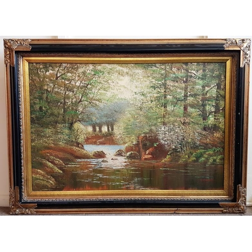 317 - Large Canvas Woodland Scene in Parcel Gilt Frame - Overall c. 43.5 x 31.5ins