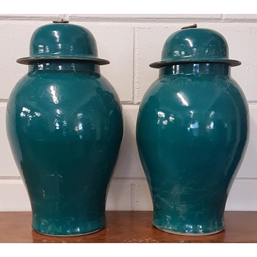 323 - Pair of Green Oriental Vases with Lids and Chinese Marking on the bases - 21ins tall