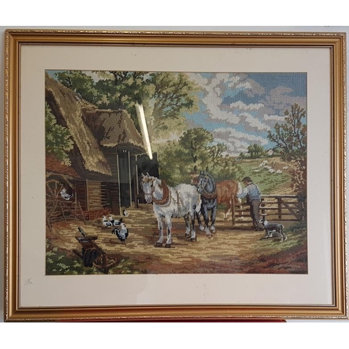 358 - Large Framed Handwoven Farmyard Scene - c. 32 x 327ins