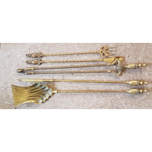 366 - Set of Three Brass Fire Irons, Toasting Fork and Shoe Horn