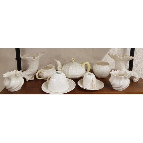375 - Belleek Irish Porcelain Bachelor Teaset and Four Belleek Vases