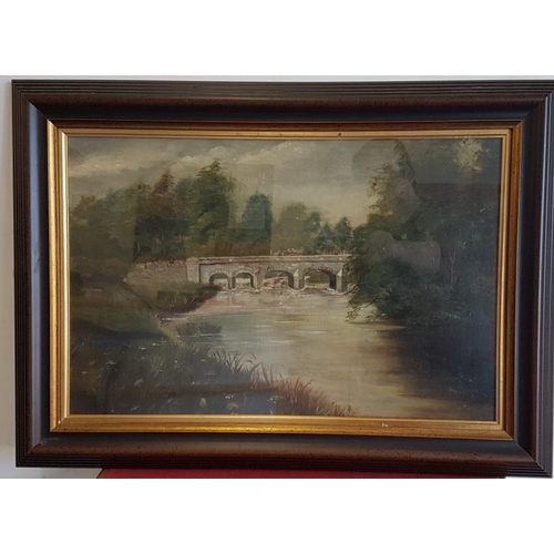 377 - 'River Scene with Bridge', c. 1880. Cleaned and framed in Athlone - Overall c. 28.5 x 20ins