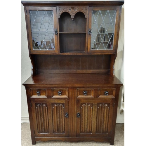 382 - Oak Dresser with Glazed, Leaded Doors to Display Shelves, c.45.5in wide, 70.5in tall