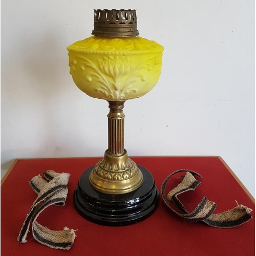 405 - Victorian Yellow Bowl Lamp on and brass column - 15ins high