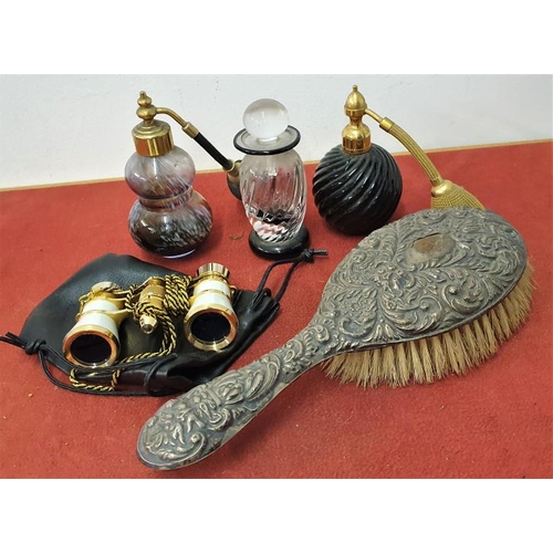 427 - Three Glass Scent Bottles, Opera Glasses and a Silver Backed Brush
