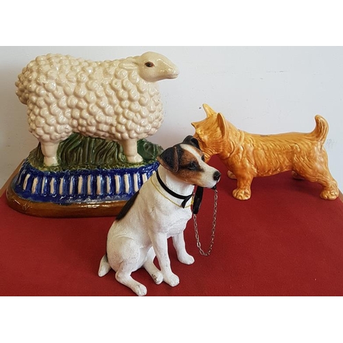 436 - Large Majolica Style Figure of a Sheep, Sylvac Scottie Dog and One Other