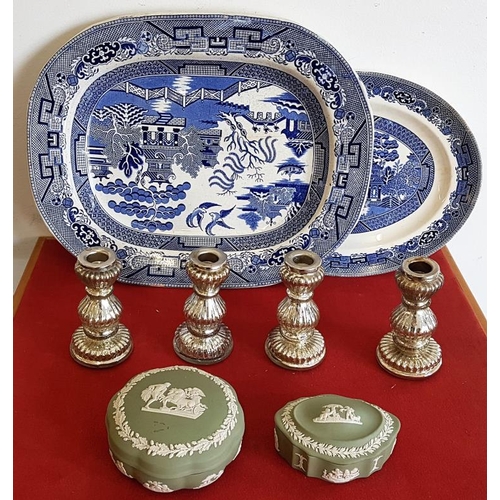 437 - Two Old Willow Pattern Platters, set of Four Glass Candlesticks and Two Green Wedgwood Boxes