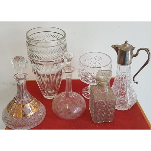 438 - Cut Glass Vase, Bowl, Three Decanters and a Claret Jug